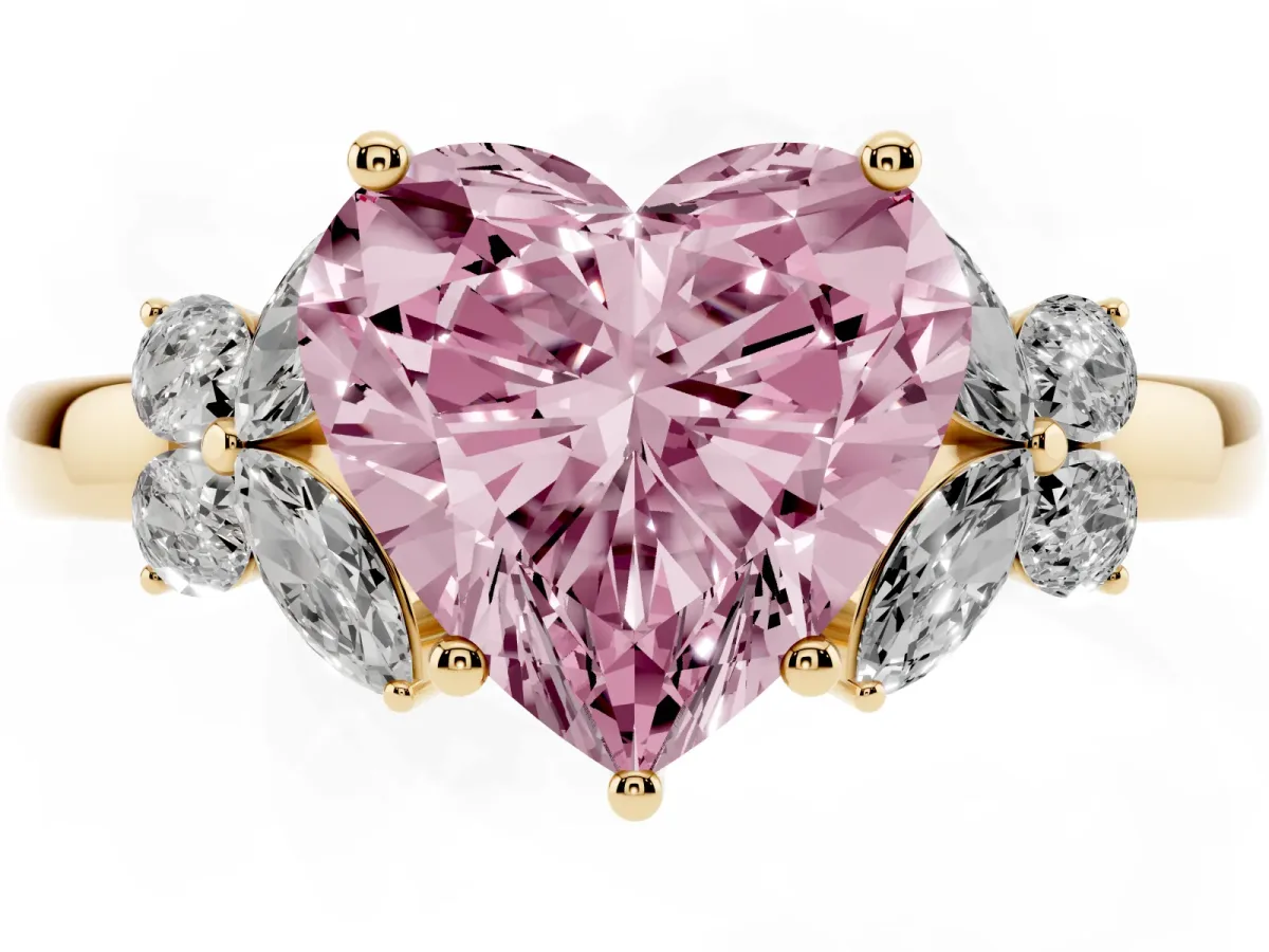 Fancy Pink Heart Cut Cut Solitaire Floral Diamond Ring with Four-Prong Setting Yellow gold