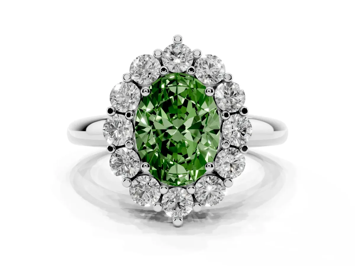 Fancy Green Oval Cut Halo Cluster Diamond Engagement Ring with Prong Setting and Polished Band Platinum