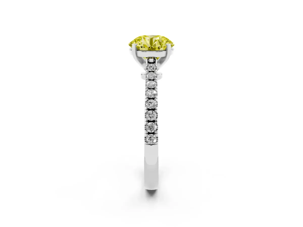 Fancy Yellow Round Cut Cut Solitaire Diamond Engagement Ring with Pave Band and Four-Prong Setting Platinum