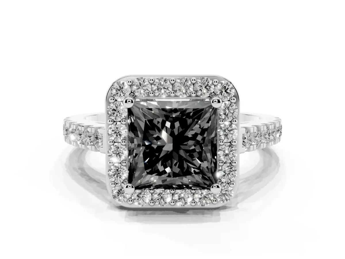Fancy Black Princess Cut Diamond Halo Ring with Round Pavé Split Shank and Prong Setting Silver