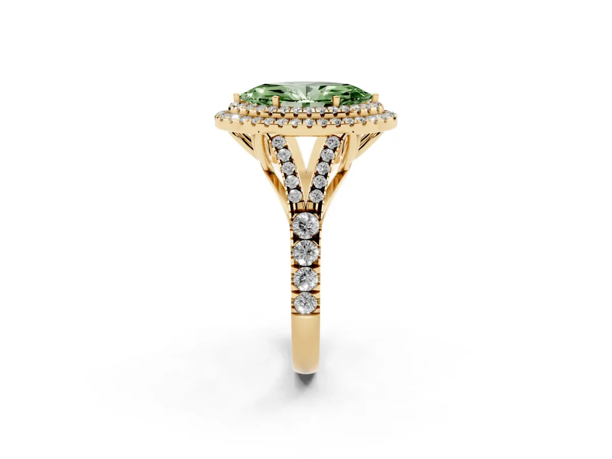 Fancy Green Double Halo Marquise Cut Diamond Split Shank Engagement Ring with Four-Prong Setting Yellow gold