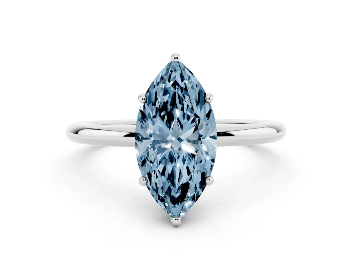 Fancy Blue Marquise Cut Solitaire Diamond Ring with a Classic Band and Four-Prong Setting White gold
