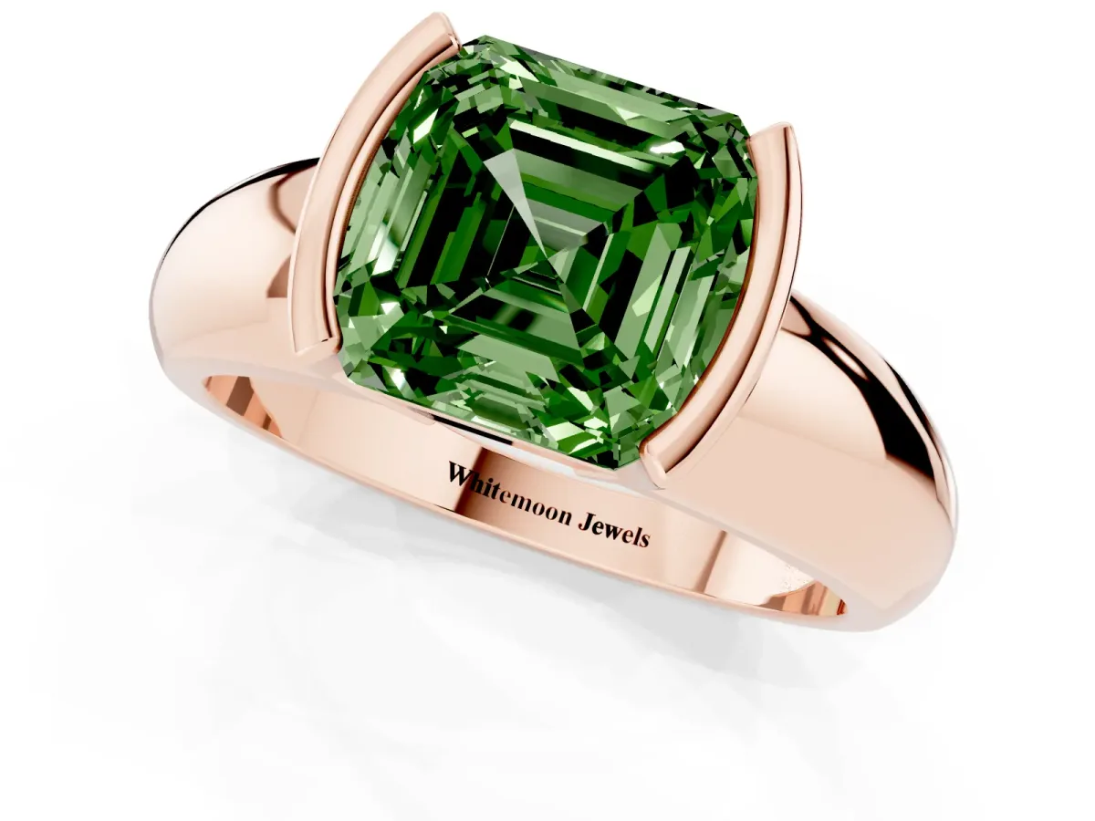 Fancy Green Asscher Cut Solitaire Tension Set Diamond Ring with Wide Band Rose gold