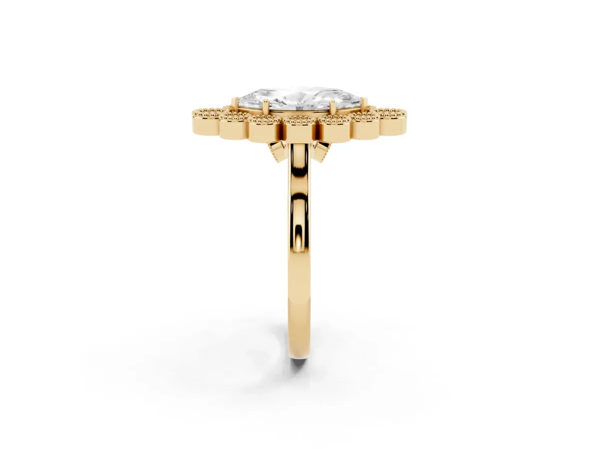Marquise Cut Halo Diamond Cluster Engagement Ring with Milgrain Bezel Setting and Solitaire Band Yellow gold