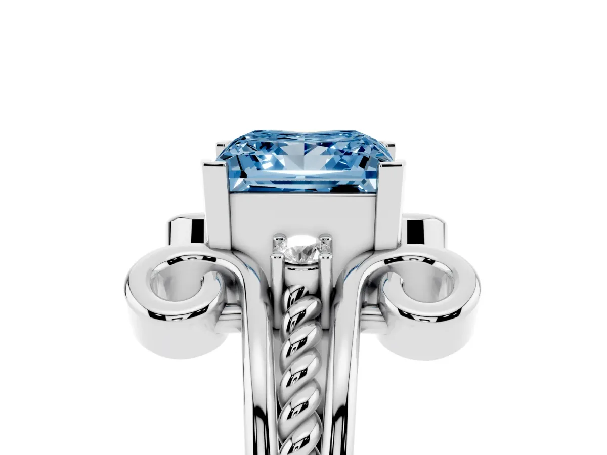 Fancy Blue Princess Cut Solitaire Twisted Band Scroll Prong Ring Silver