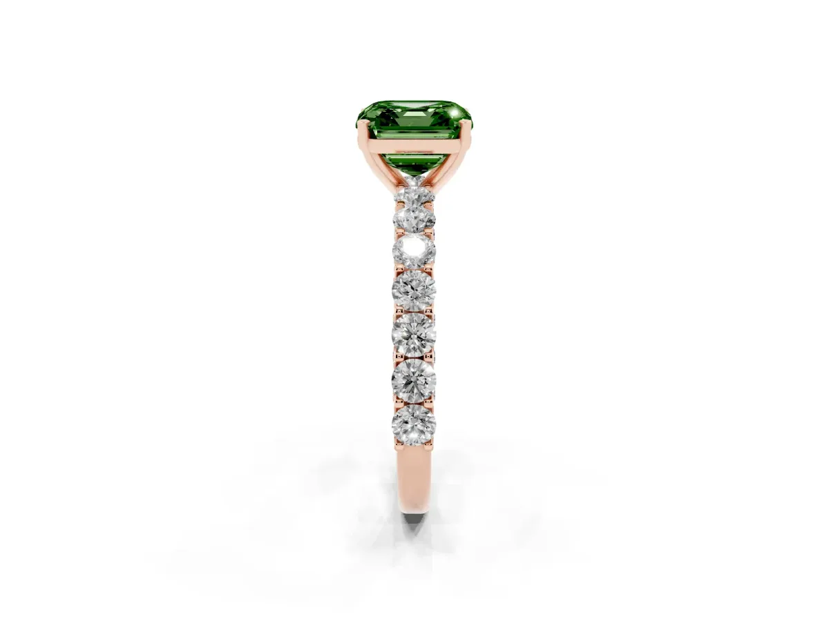 Fancy Green Asscher Cut Diamond Solitaire Ring with Shared Prong Pavé Band and Four-Prong Setting Rose gold