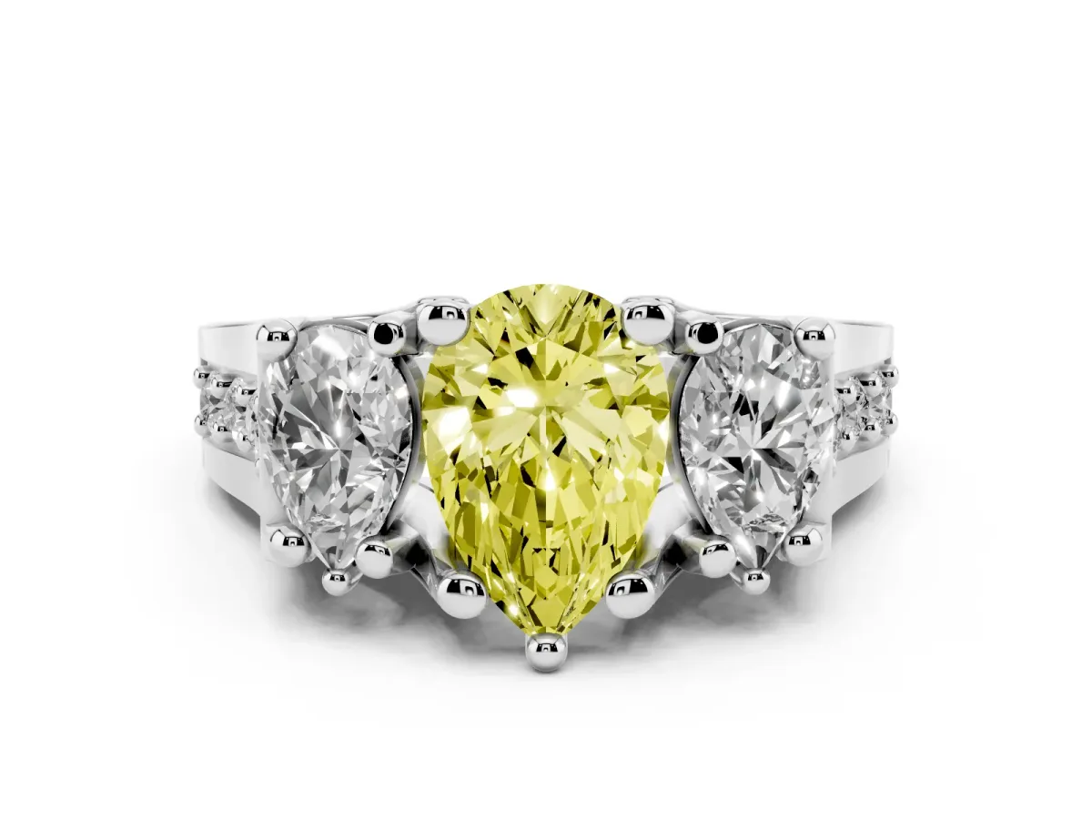 Fancy Yellow Pear Cut Diamond Three-Stone Ring with Channel Set Band and Four-Prong Setting Silver