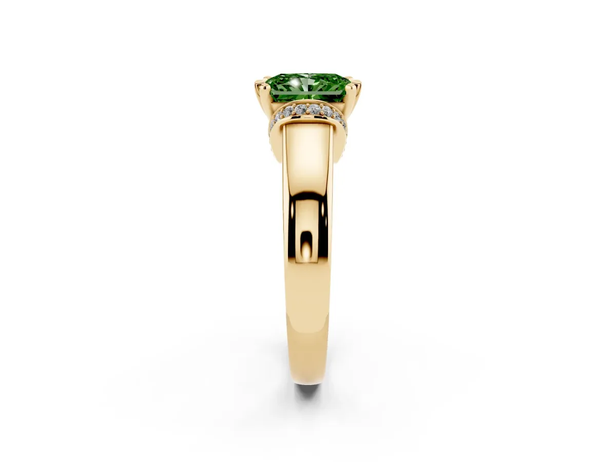 Fancy Green Radiant Cut Solitaire Diamond Ring with Pave Band and Six-Prong Setting Yellow gold