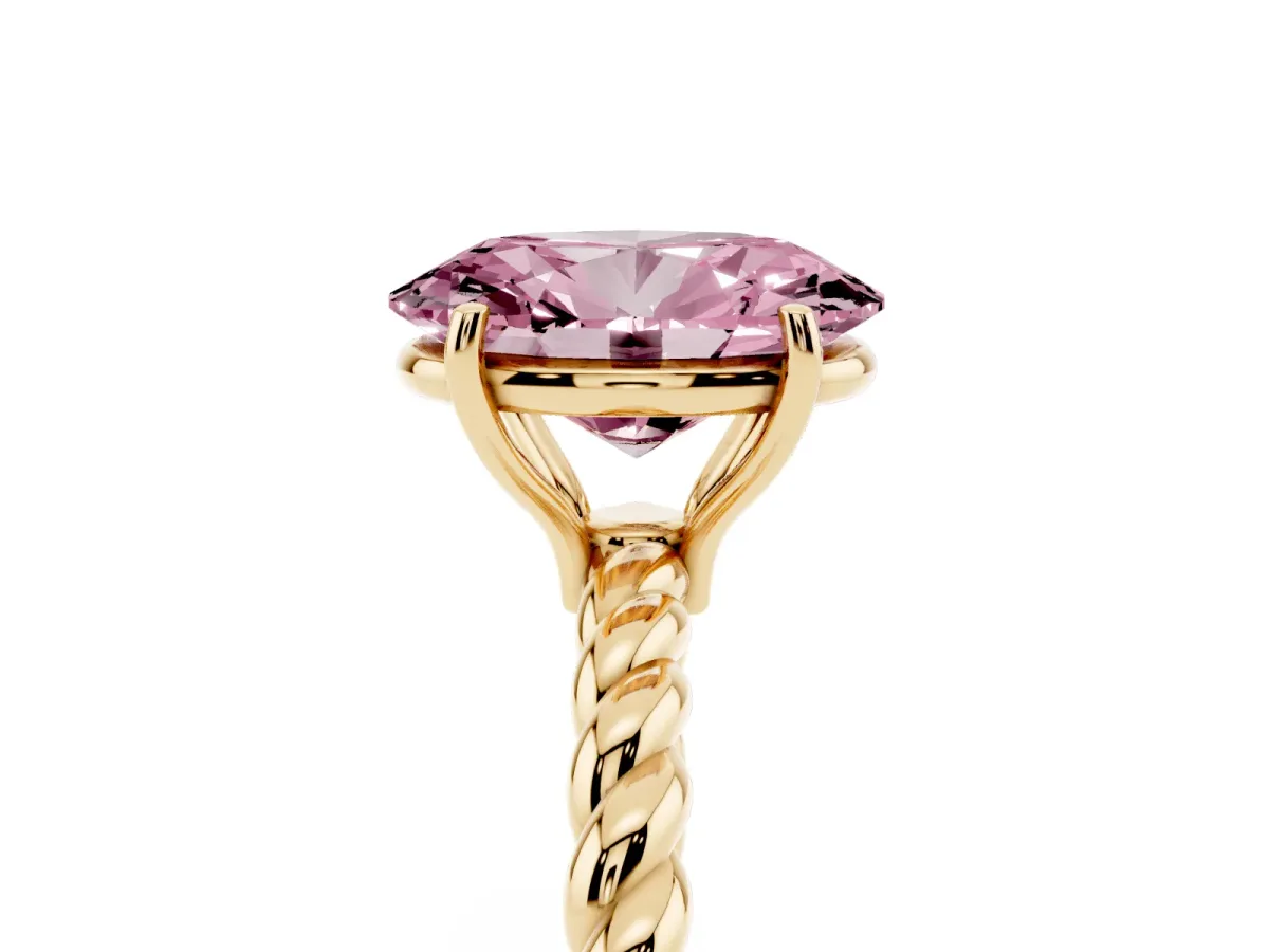 Fancy Pink Oval Cut Solitaire Twist Band Ring with Four-Prong Setting Yellow gold