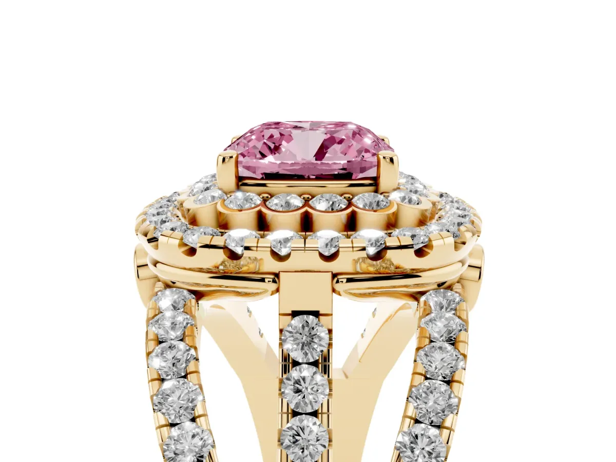 Fancy Pink Cushion Cut Diamond Double Halo Ring with Round Pavé Split Shank and Prong Setting Yellow gold
