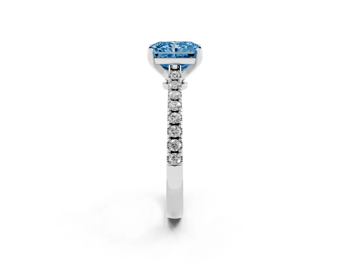 Fancy Blue Radiant Cut Cut Solitaire Diamond Engagement Ring with Pave Band and Four-Prong Setting White gold