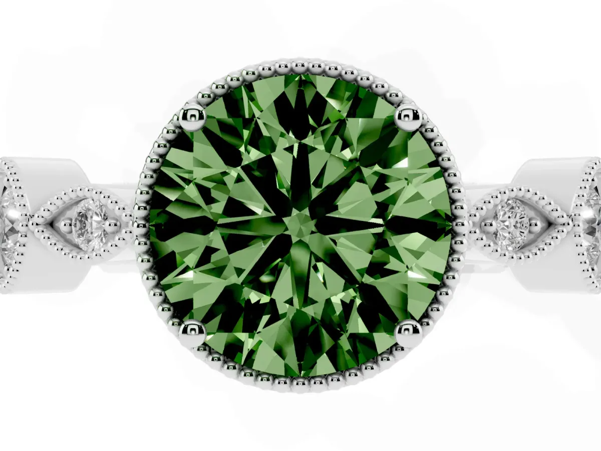 Fancy Green Round Cut Diamond Vintage Milgrain Ring with Round Stations Silver
