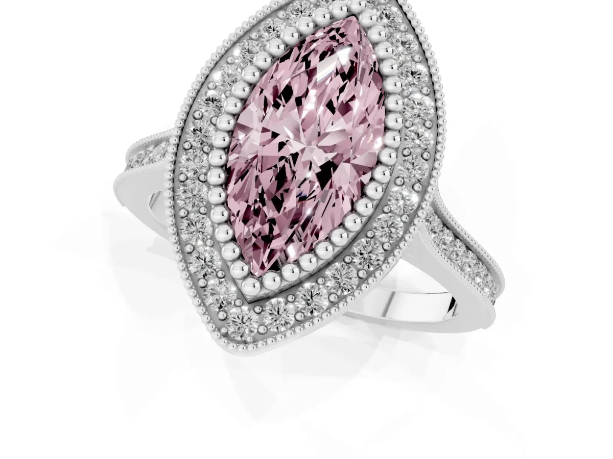 Fancy Pink Marquise Cut Diamond Halo Ring with Milgrain Frame and Pavé Band Platinum