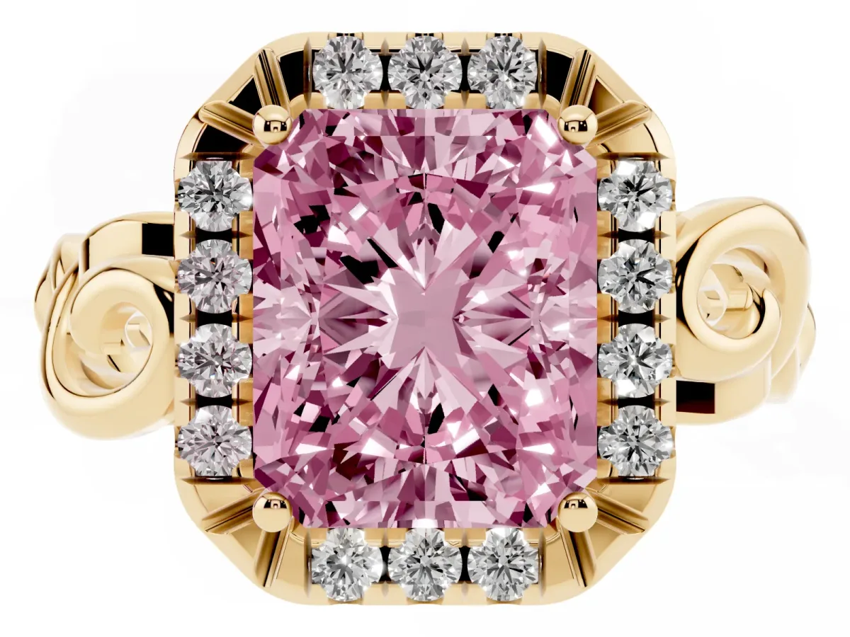 Fancy Pink Radiant Cut Cut Halo Diamond Ring with Scrollwork Band and Four-Prong Setting Yellow gold