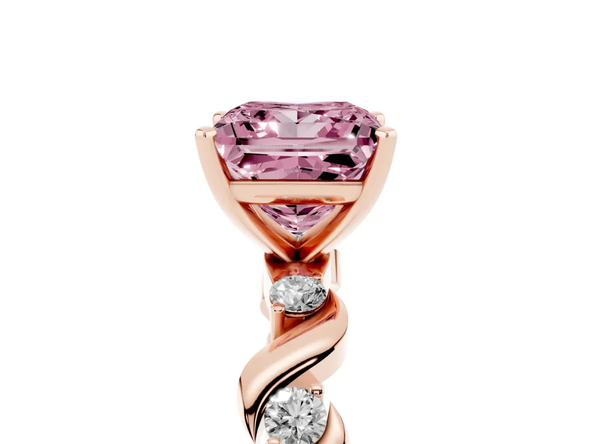Fancy Pink Princess Cut Diamond Solitaire Twisted Band with Round Accents and Prong Setting Rose gold