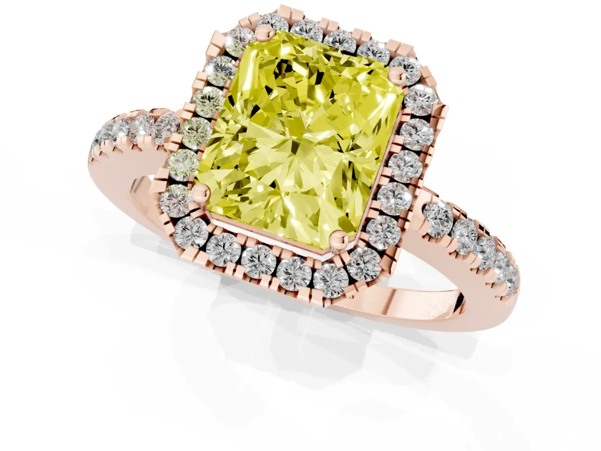 Fancy Yellow Radiant Cut Halo Diamond Engagement Ring with Pavé Band and Four-Prong Setting Rose gold