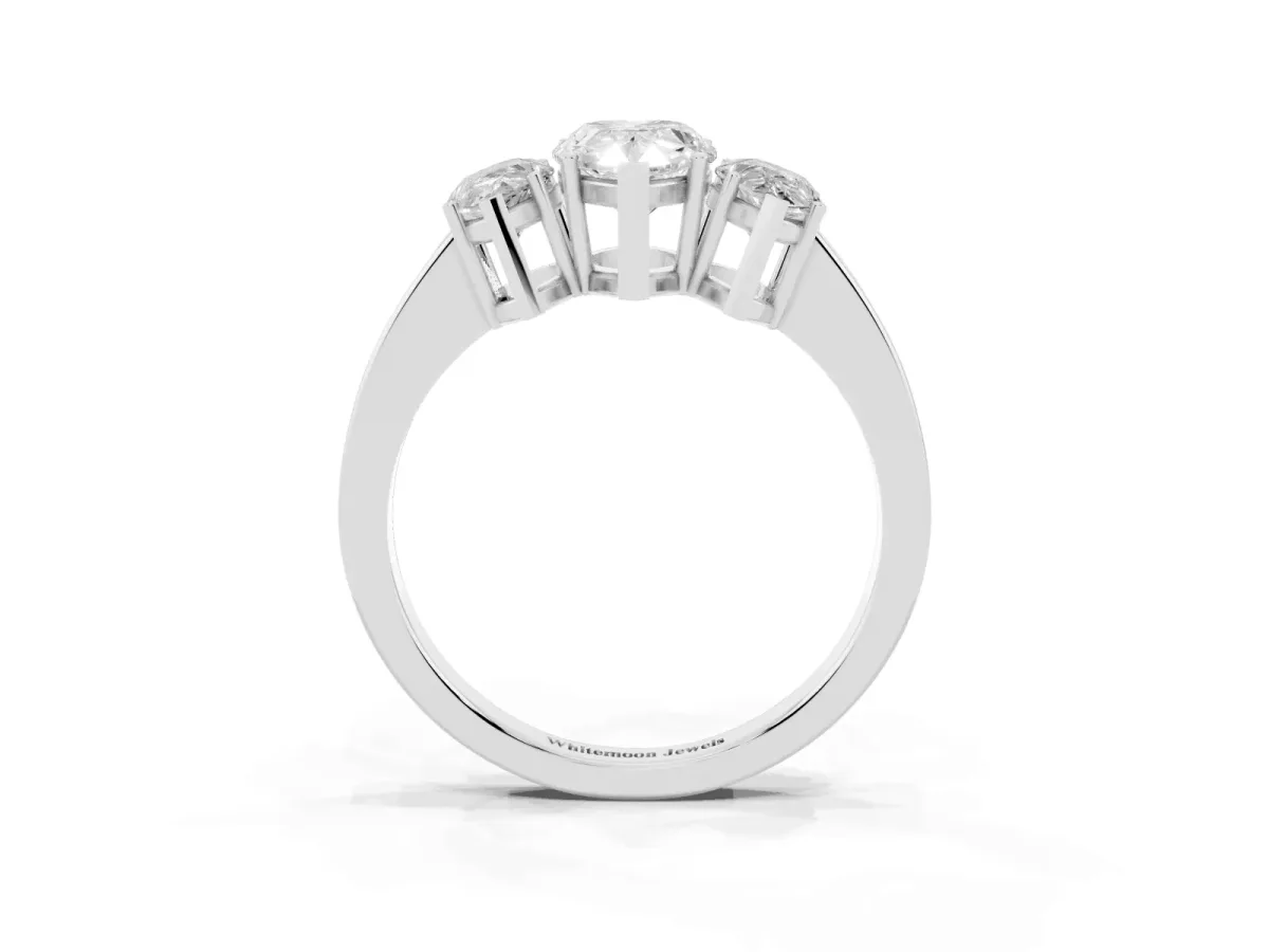 Three-Stone Pear Cut Cut Diamond Engagement Ring with Flat Band and Four-Prong Setting Silver
