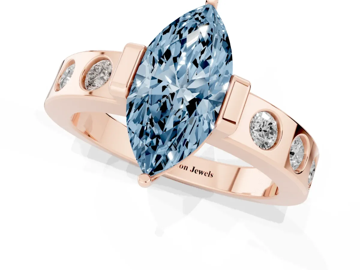 Fancy Blue Marquise Cut Brilliant Channel-Set Diamond Ring with Bezel Prong Setting Rose gold