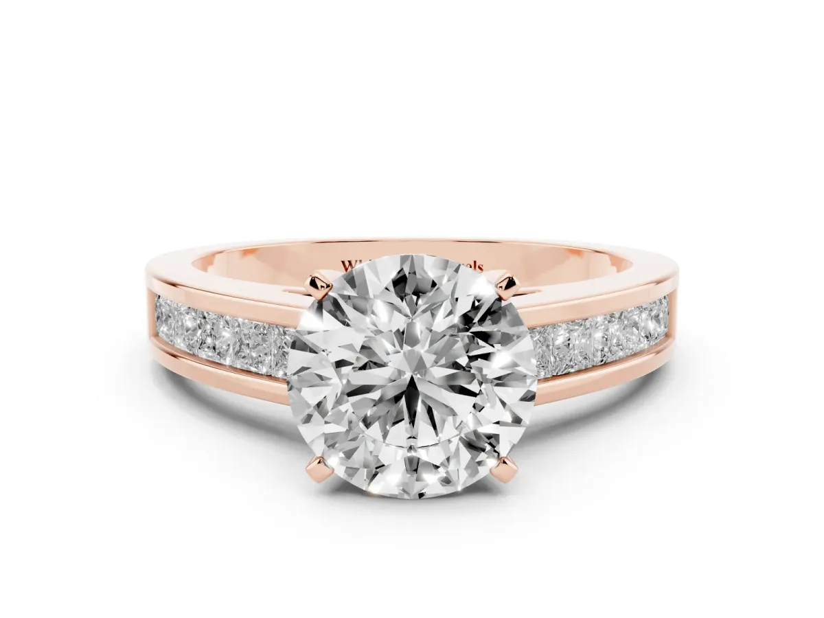 Round Cut Solitaire Diamond Ring with Channel-Set Band and Four-Prong Setting Rose gold
