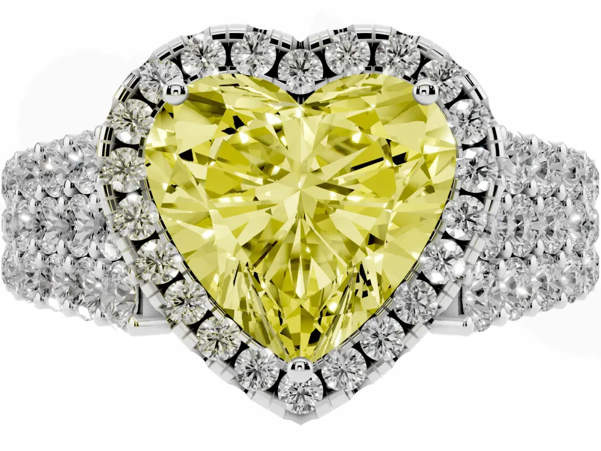 Fancy Yellow Heart Cut Diamond Halo Engagement Ring with Triple Row Round Pavé Band and Prong Setting Platinum
