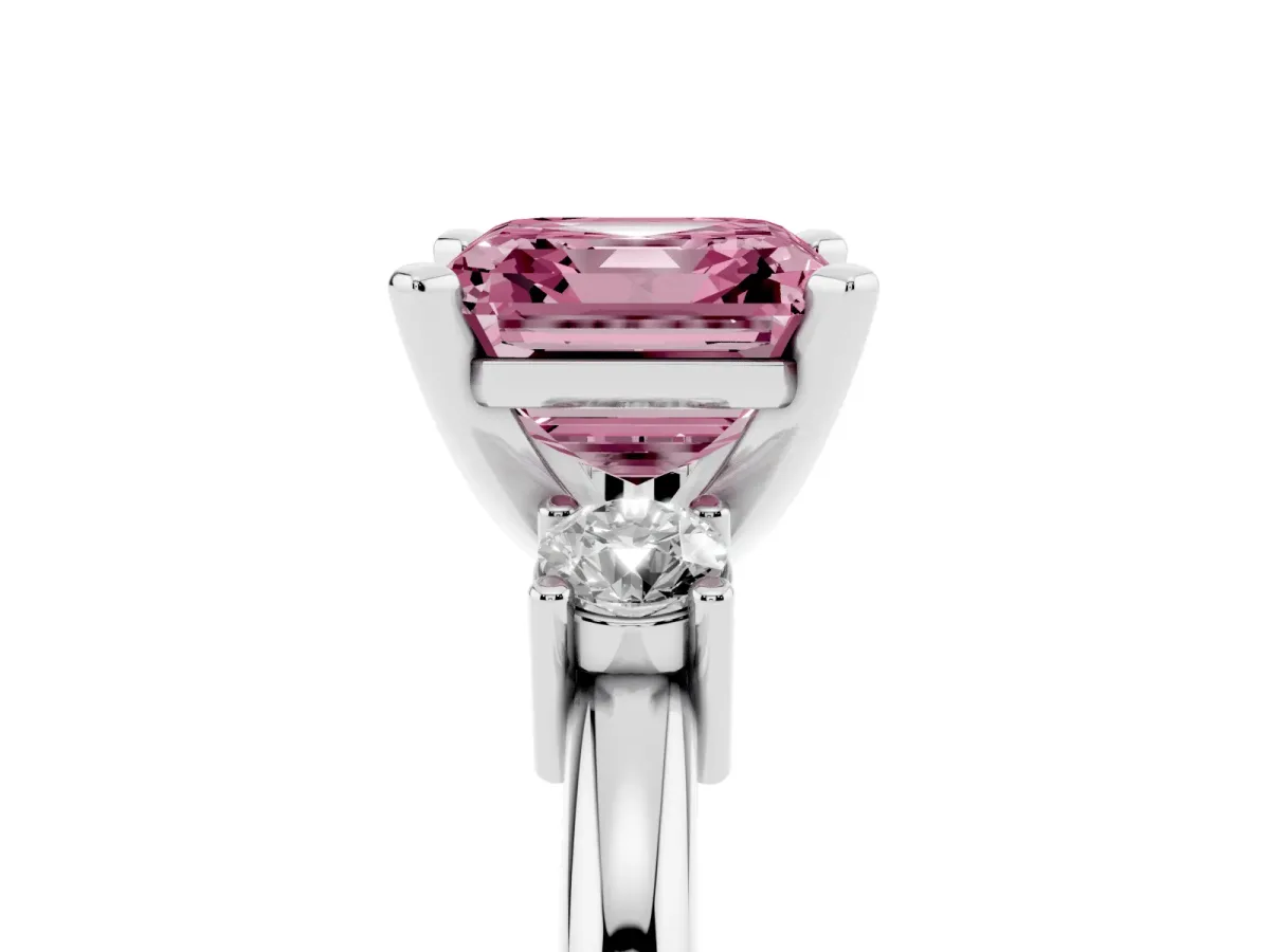 Fancy Pink Three-Stone Asscher Cut Cut Diamond Solitaire with Prong Setting and Classic Band Silver