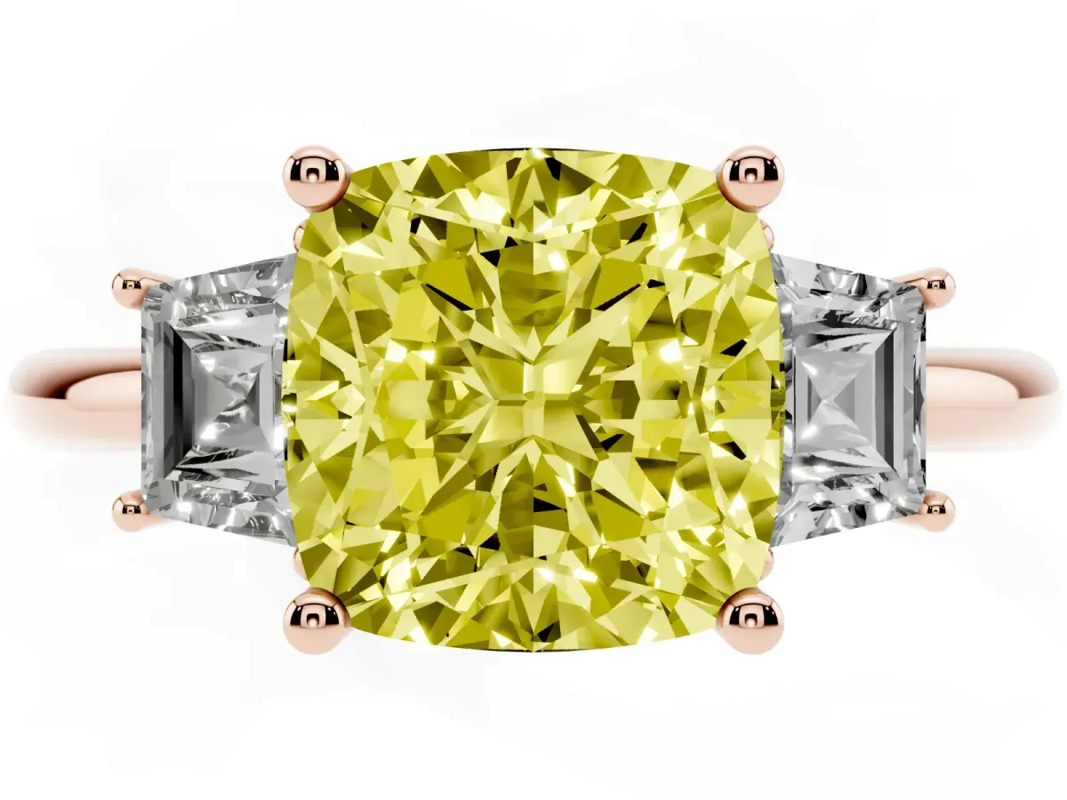 Fancy Yellow Cushion Cut Diamond Three-Stone Ring with Trapezoid Side Stones and Prong Setting Rose gold