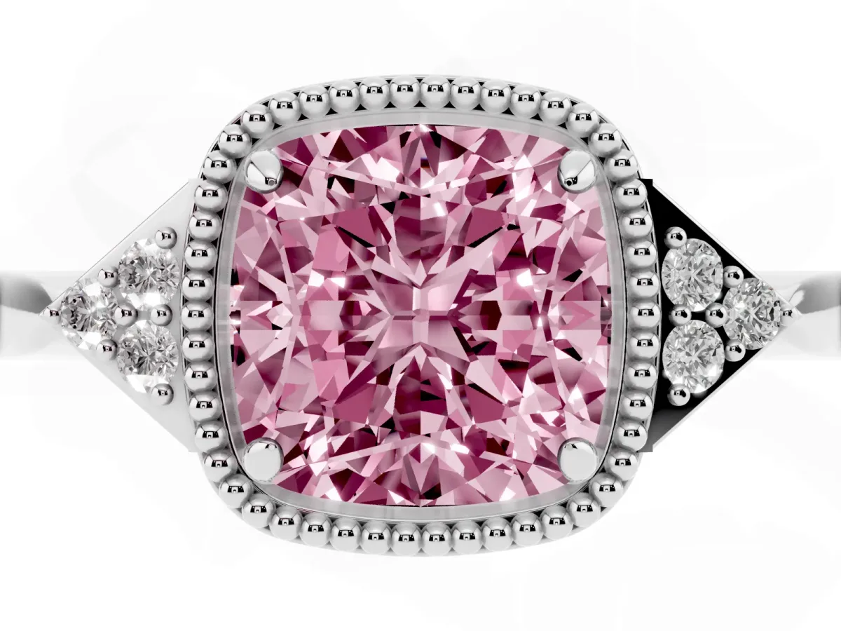 Fancy Pink Cushion Cut Diamond Halo Ring with Tapered Band and Four-Prong Setting White gold