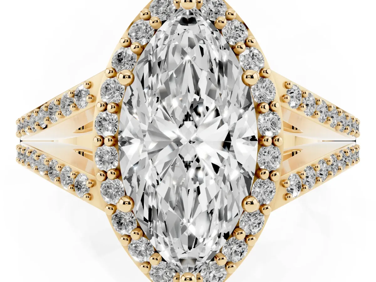 Marquise Cut Halo Split Shank Pave Diamond Ring with Four-Prong Setting Yellow gold