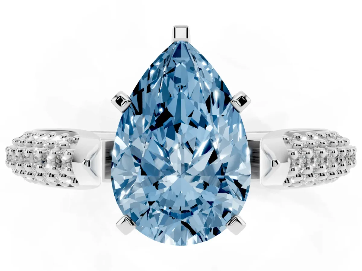 Fancy Blue Pear Cut Diamond Solitaire Engagement Ring with Multi-Row Round Pavé Band and Prong Setting White gold