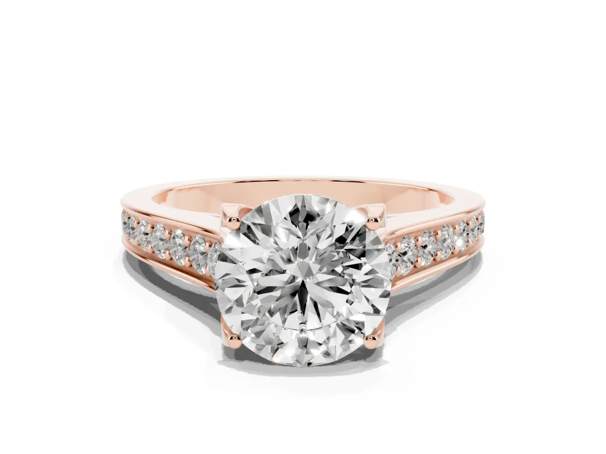 Round Cut Brilliant Cut Diamond Engagement Ring with Pavé Band and Four-Prong Setting Rose gold