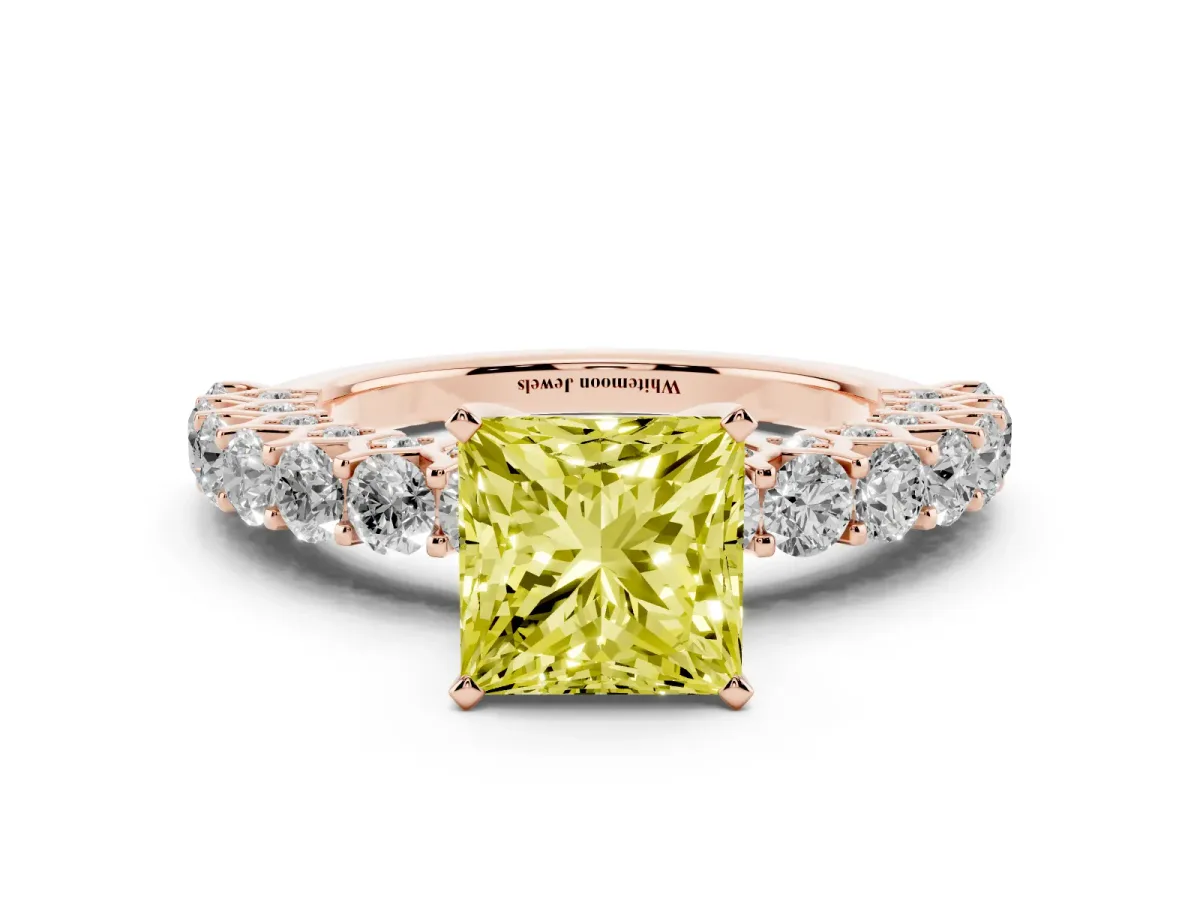 Fancy Yellow Princess Cut Diamond Solitaire Ring with Shared Prong Pavé Band and Four-Prong Setting Rose gold