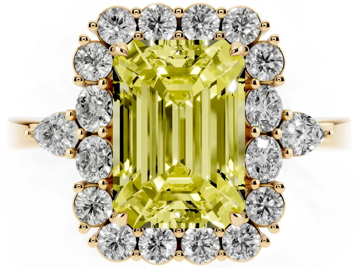 Fancy Yellow Emerald Cut Diamond Halo Ring with Pear Side Stones and Prong Setting Yellow gold
