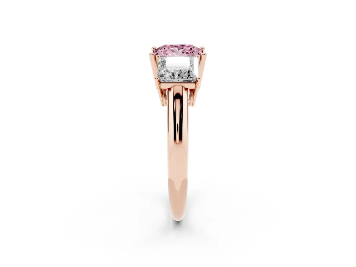 Fancy Pink Three-Stone Princess Cut Cut Diamond Engagement Ring with Prong Setting on a White Gold Band Rose gold