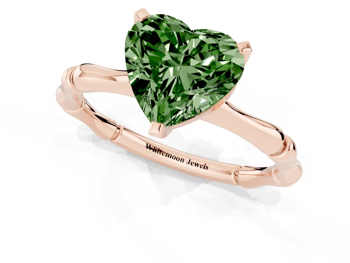 Fancy Green Heart Cut Solitaire Diamond Ring with Bamboo Band and Four-Prong Setting Rose gold