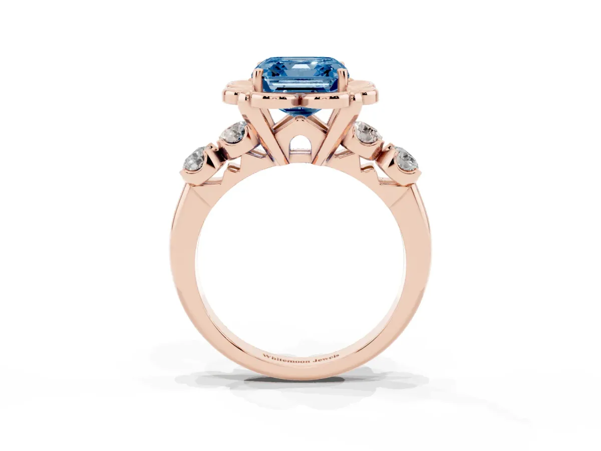 Fancy Blue Asscher Cut Cut Diamond Floral Halo Engagement Ring with Shared Prong Setting Rose gold