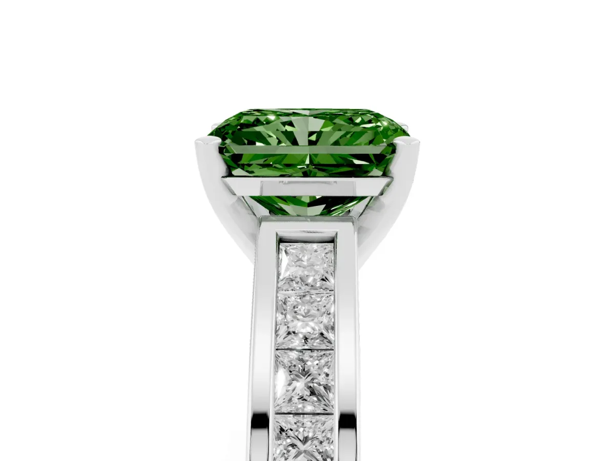 Fancy Green Radiant Cut Solitaire Diamond Ring with Channel-Set Band and Four-Prong Setting Silver