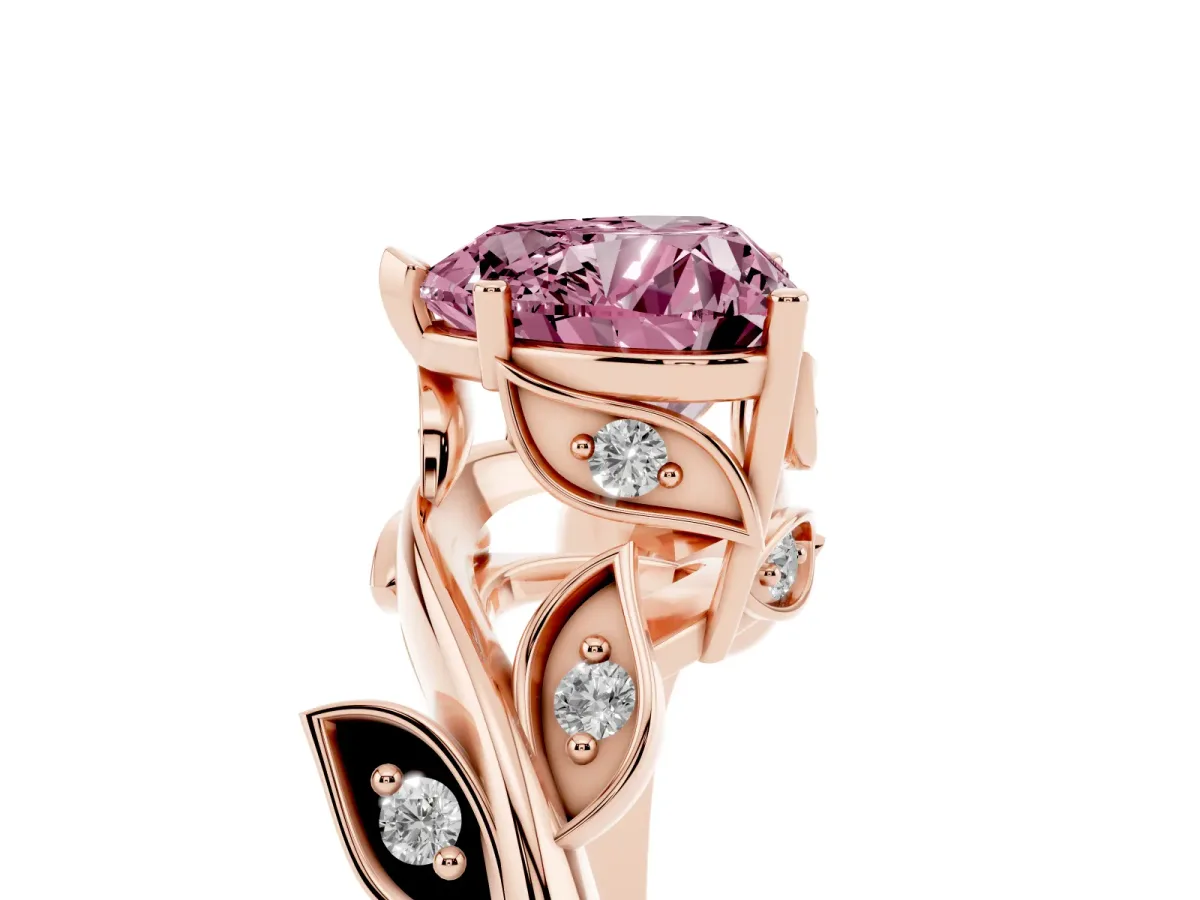 Fancy Pink Heart Cut Solitaire Twist Engagement Ring with Leaf Accents and Prong Setting Rose gold