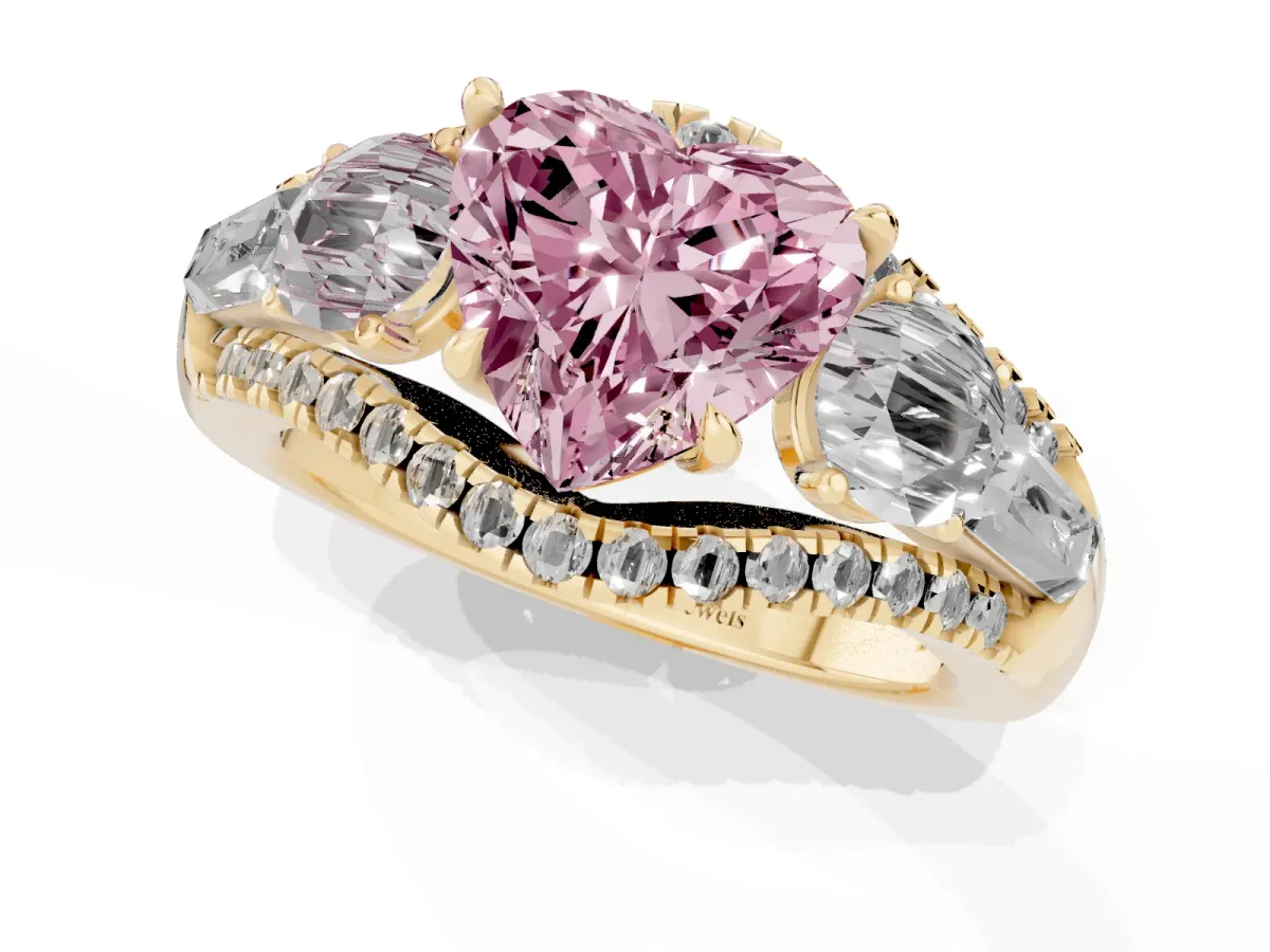 Fancy Pink Three-Stone Heart Cut Diamond Engagement Ring with Pave Band and Prong Setting Yellow gold