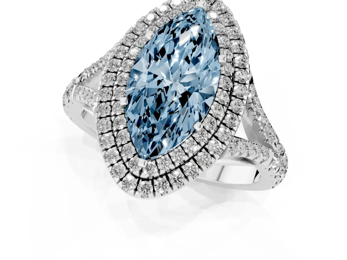 Fancy Blue Marquise Cut Diamond Pavé Split Shank Double Halo Engagement Ring Platinum