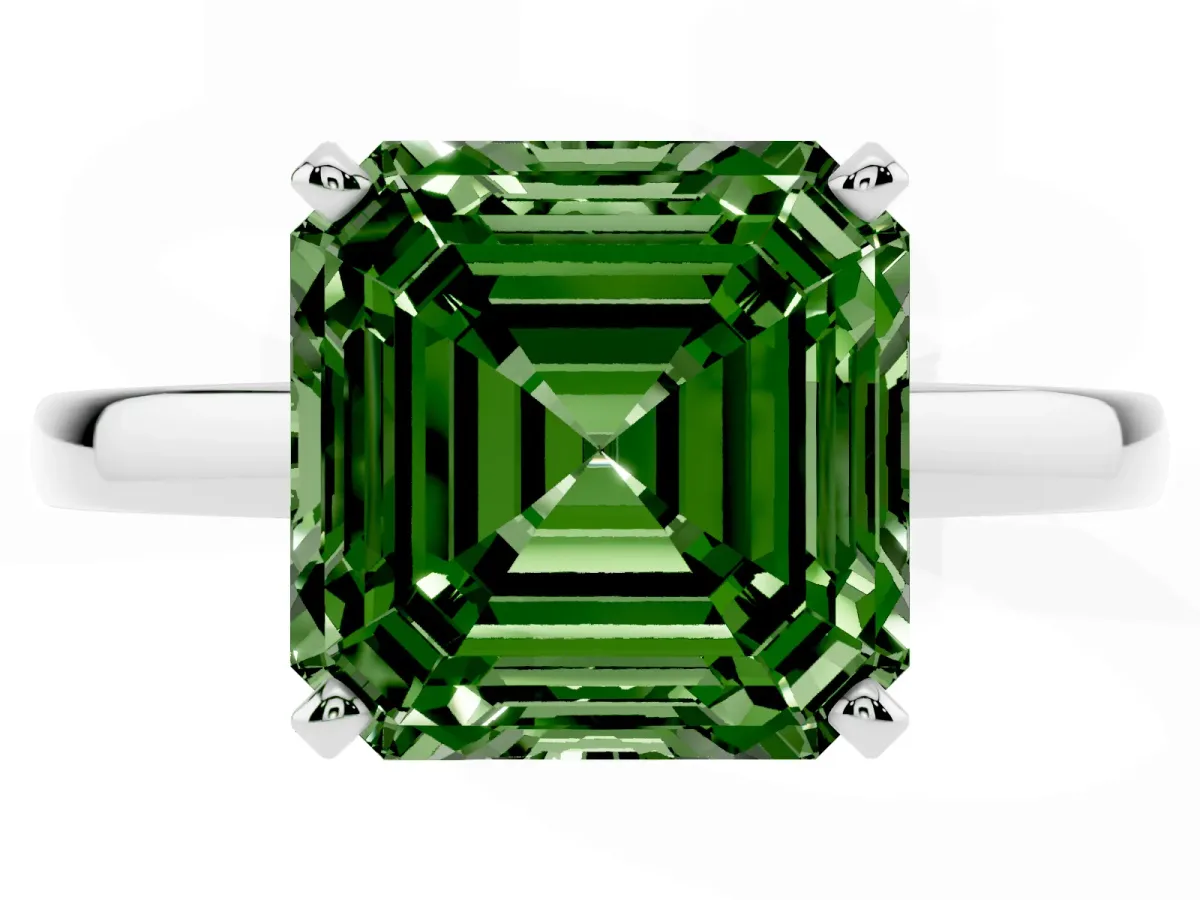 Fancy Green Asscher Cut Solitaire Diamond Engagement Ring with Four-Prong Setting on a Classic Band Silver