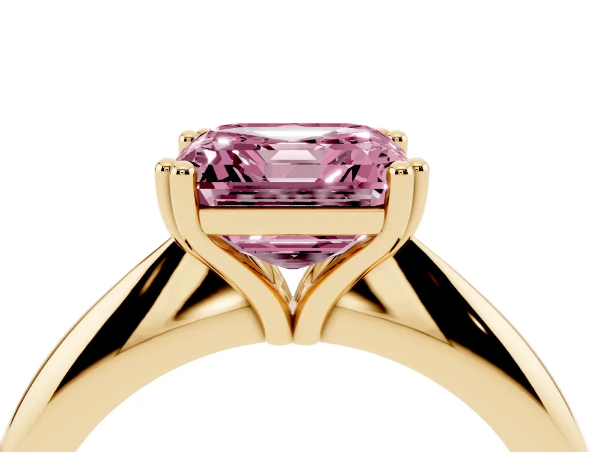 Fancy Pink Asscher Cut Cut Solitaire Engagement Ring with Tapered Band and Four-Prong Setting Yellow gold