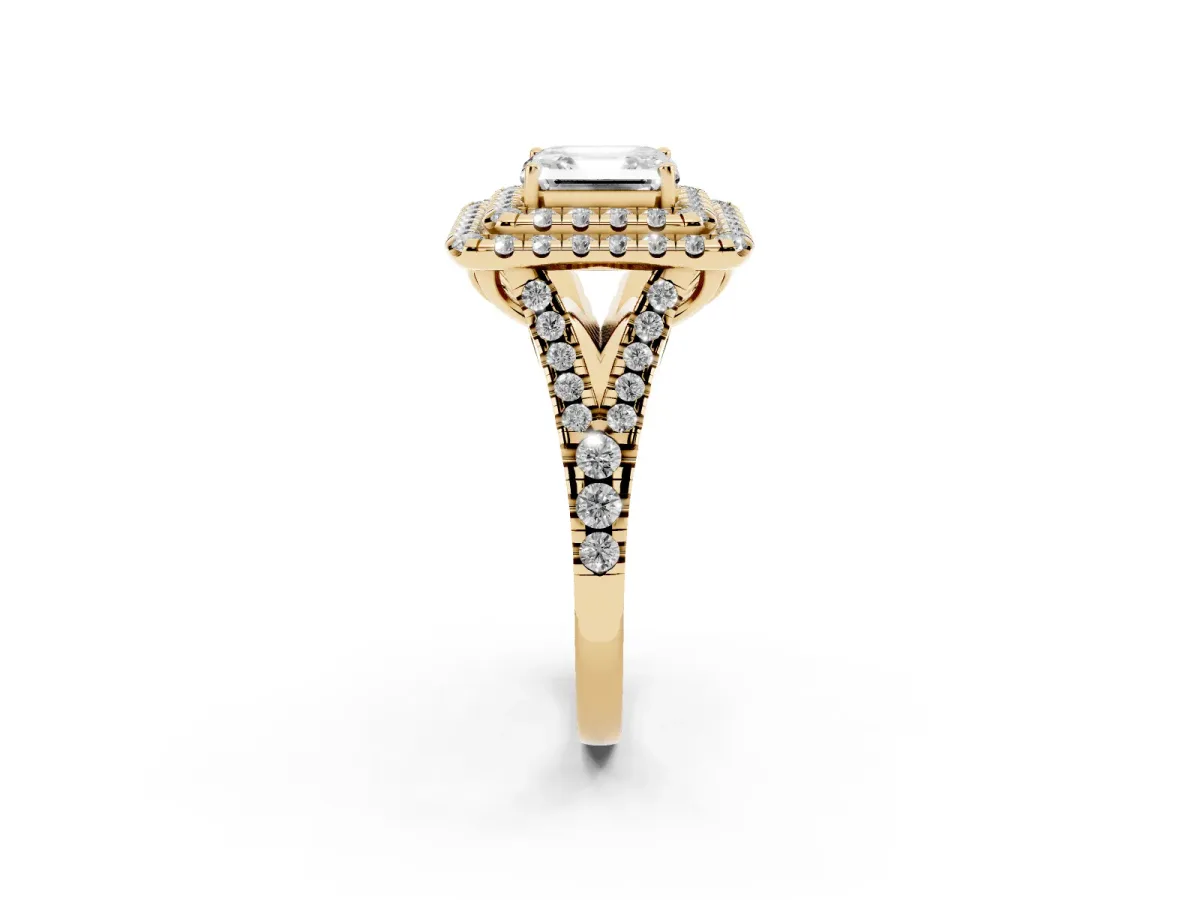 Double Halo Asscher Cut Diamond Pavé Split Shank Ring with Prong Setting Yellow gold