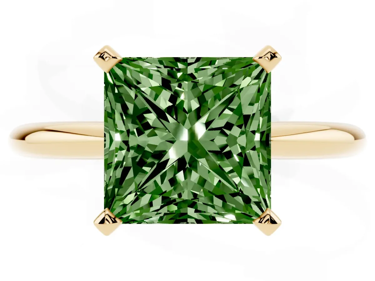 Fancy Green Princess Cut Diamond Solitaire Ring with Prong Setting and Classic Band Yellow gold