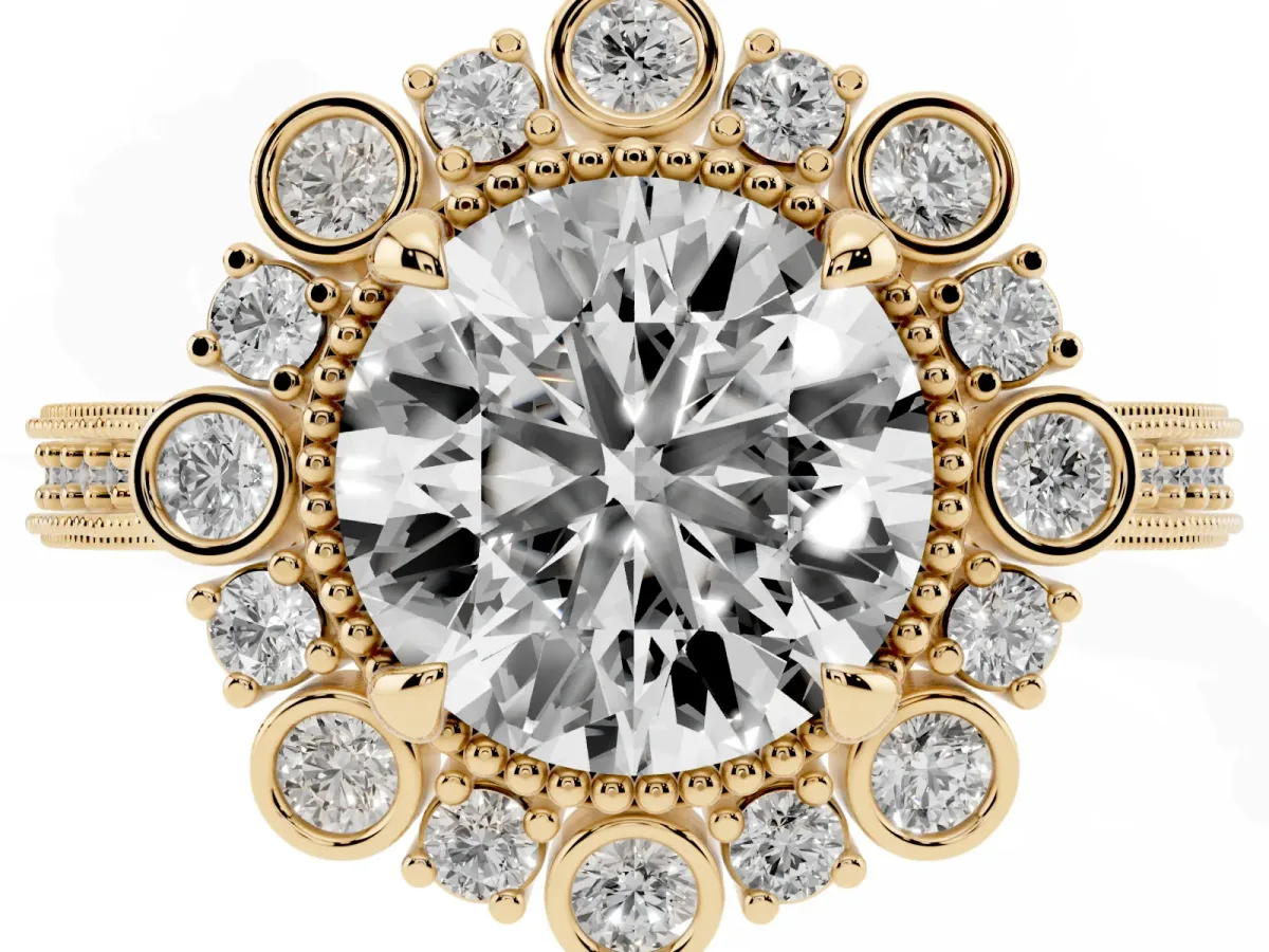 Round Cut Halo Milgrain Pave Diamond Ring with Four-Prong Setting Yellow gold