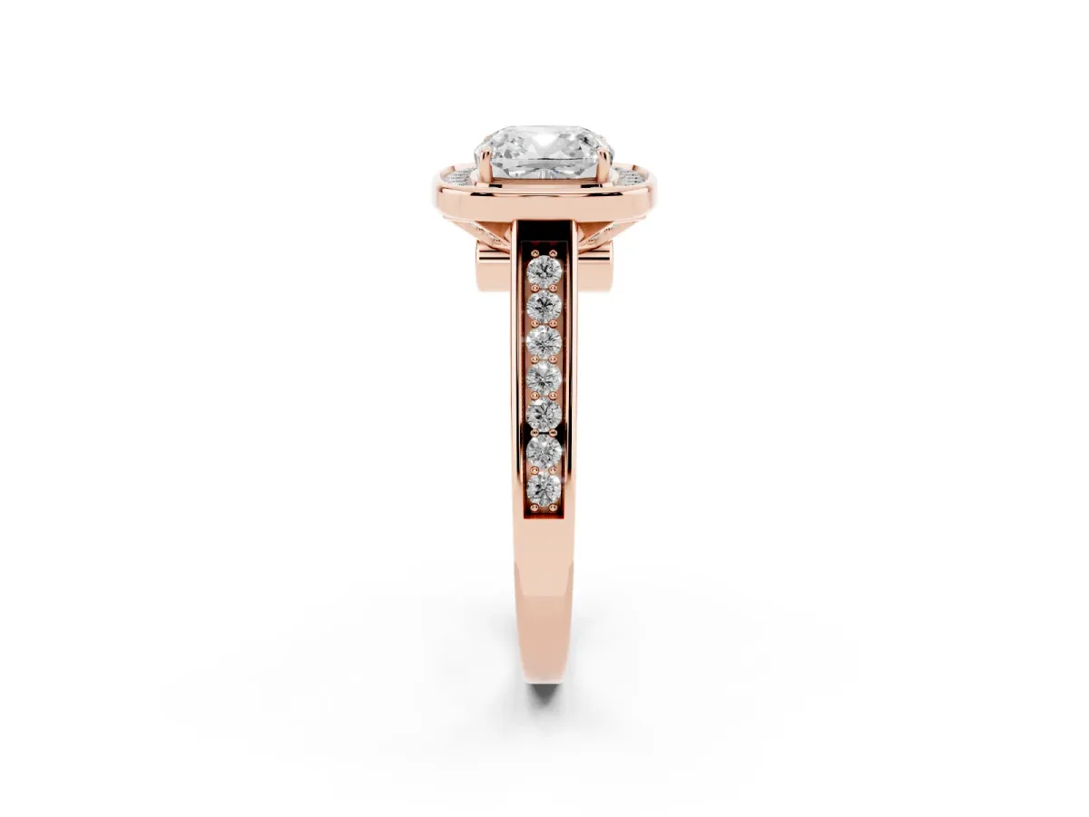 Cushion Cut Halo Solitaire Diamond Ring with Pave Band and Bezel Setting Rose gold
