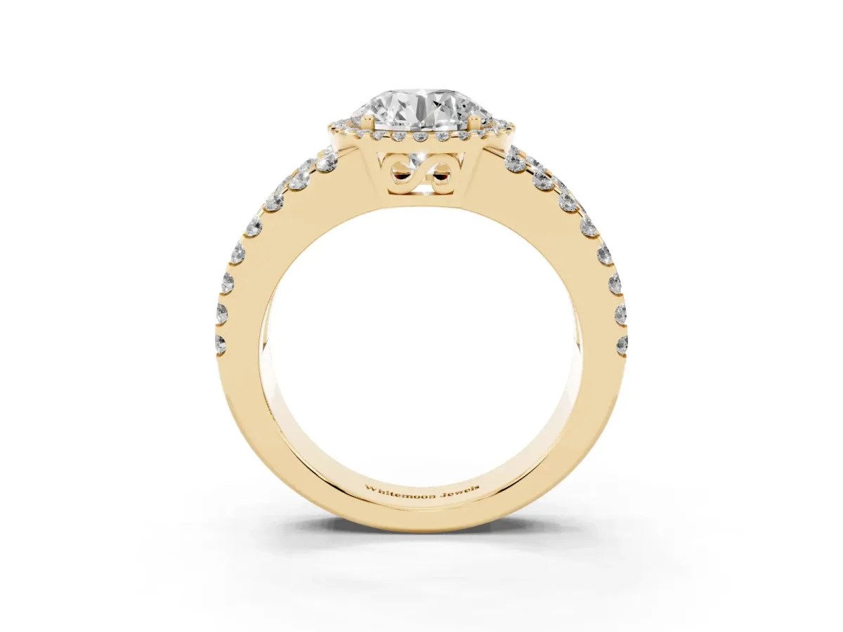 Round Cut Cut Halo Split Shank Diamond Ring with Four-Prong Setting Yellow gold