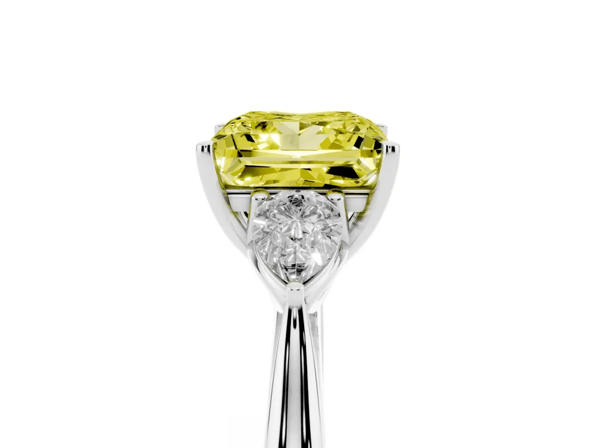 Fancy Yellow Princess Cut Diamond Three-Stone Ring with Pear Side Stones and Prong Setting Silver
