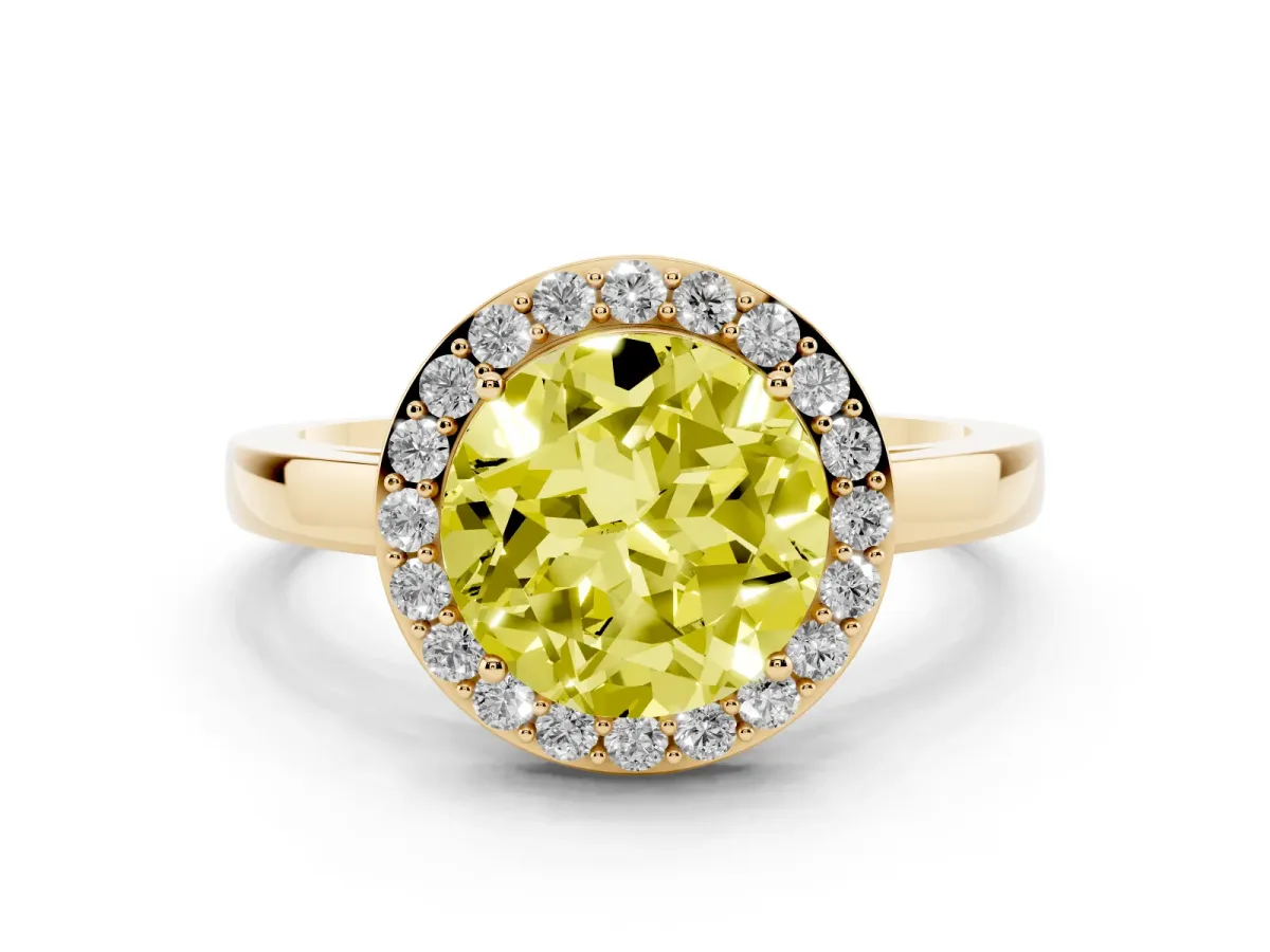 Fancy Yellow Round Cut Halo Diamond Ring with Solitaire Band and Prong Setting Yellow gold