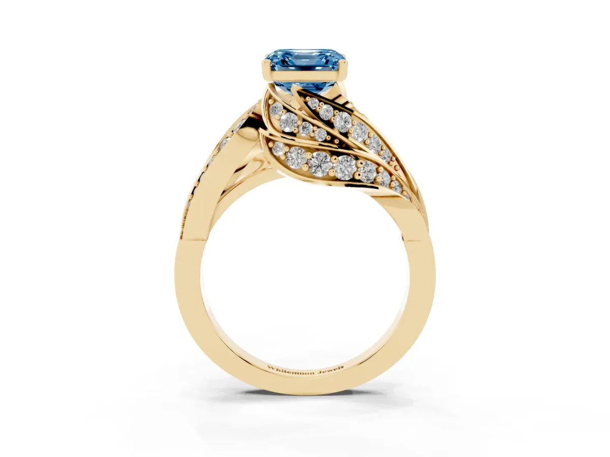 Fancy Blue Asscher Cut Diamond Solitaire Ring with Prong Setting and Twisted Pavé Band Yellow gold