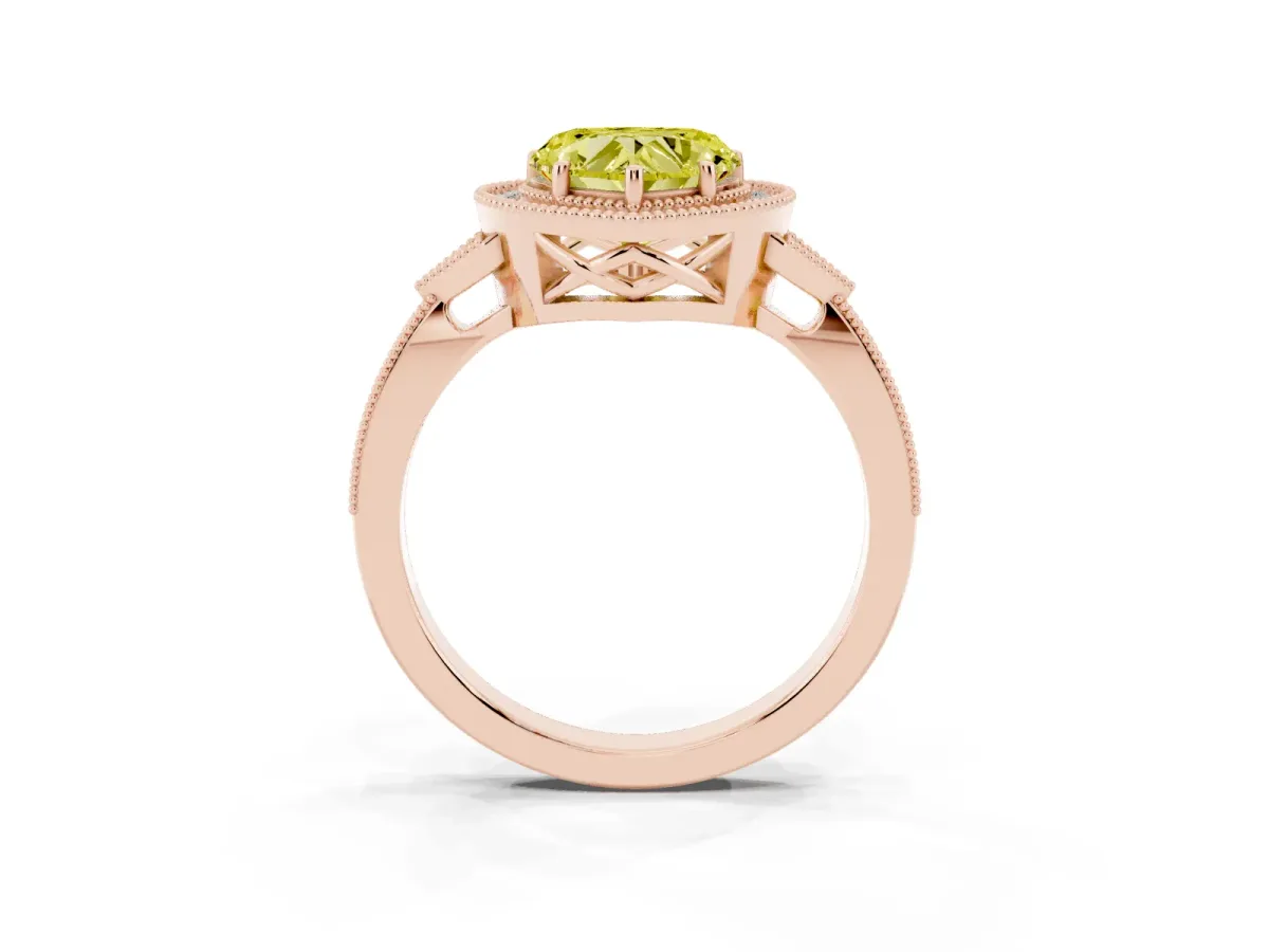 Fancy Yellow Heart Cut Halo Round Diamond Milgrain Pave Engagement Ring Rose gold